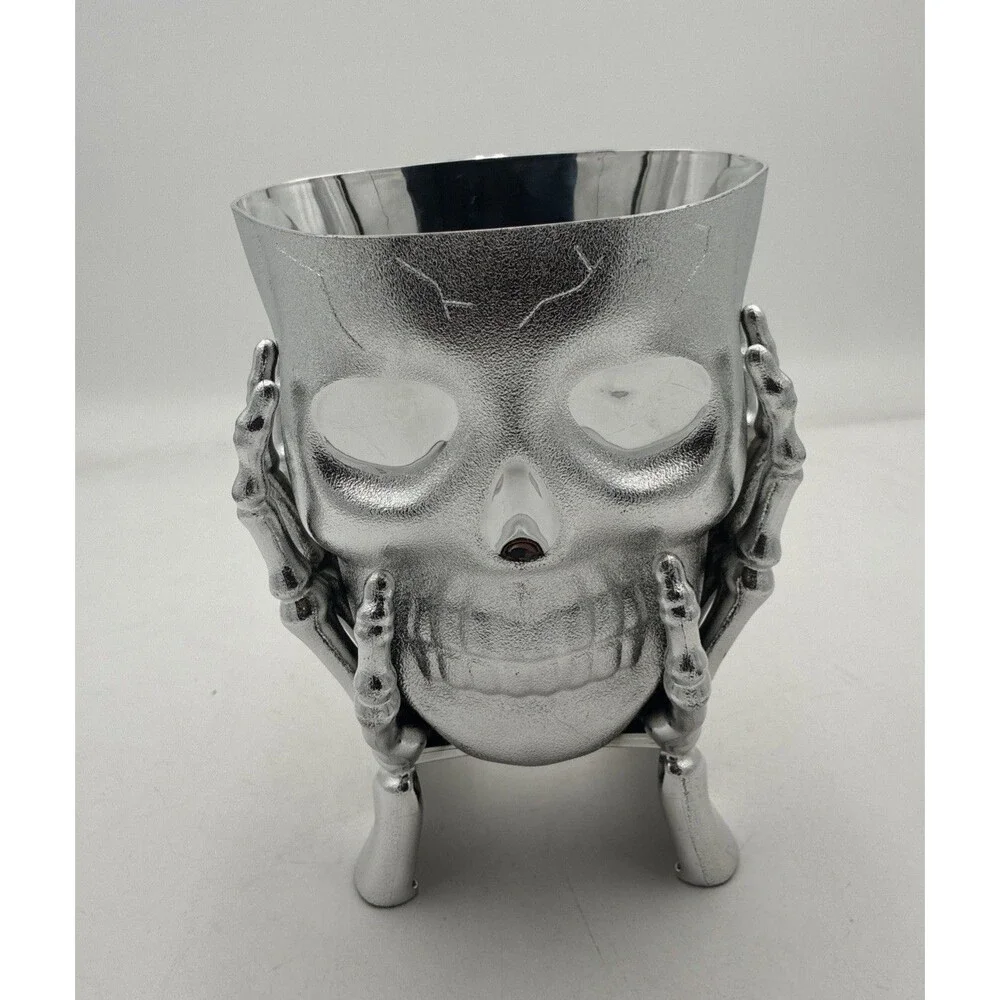 Halloween Skeleton Skull In Hands Candy Planter Bowl Silver Tone NWT 5” X 7”